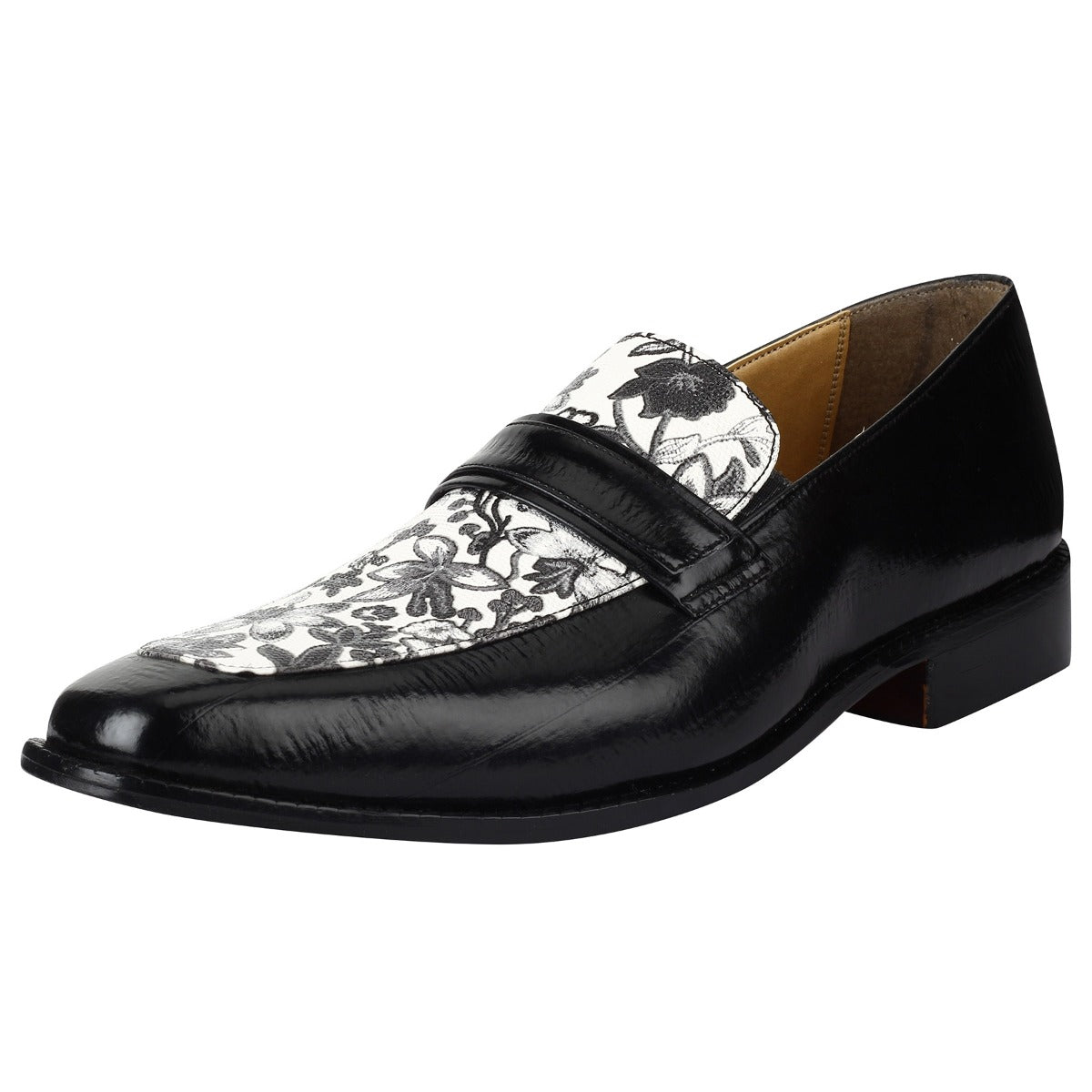 Hornsby Flower Printed Leather Loafers Shoes for Men in Black and